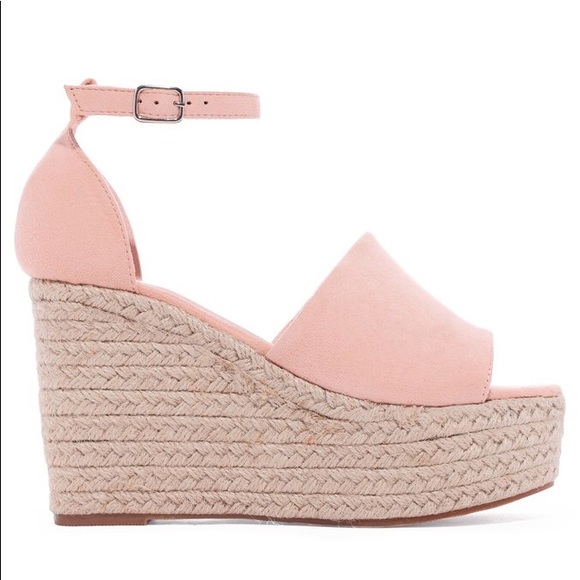 Blush Faux Suede Wedge Peep Toe Espadrille Sandals - Picture 5 of 5